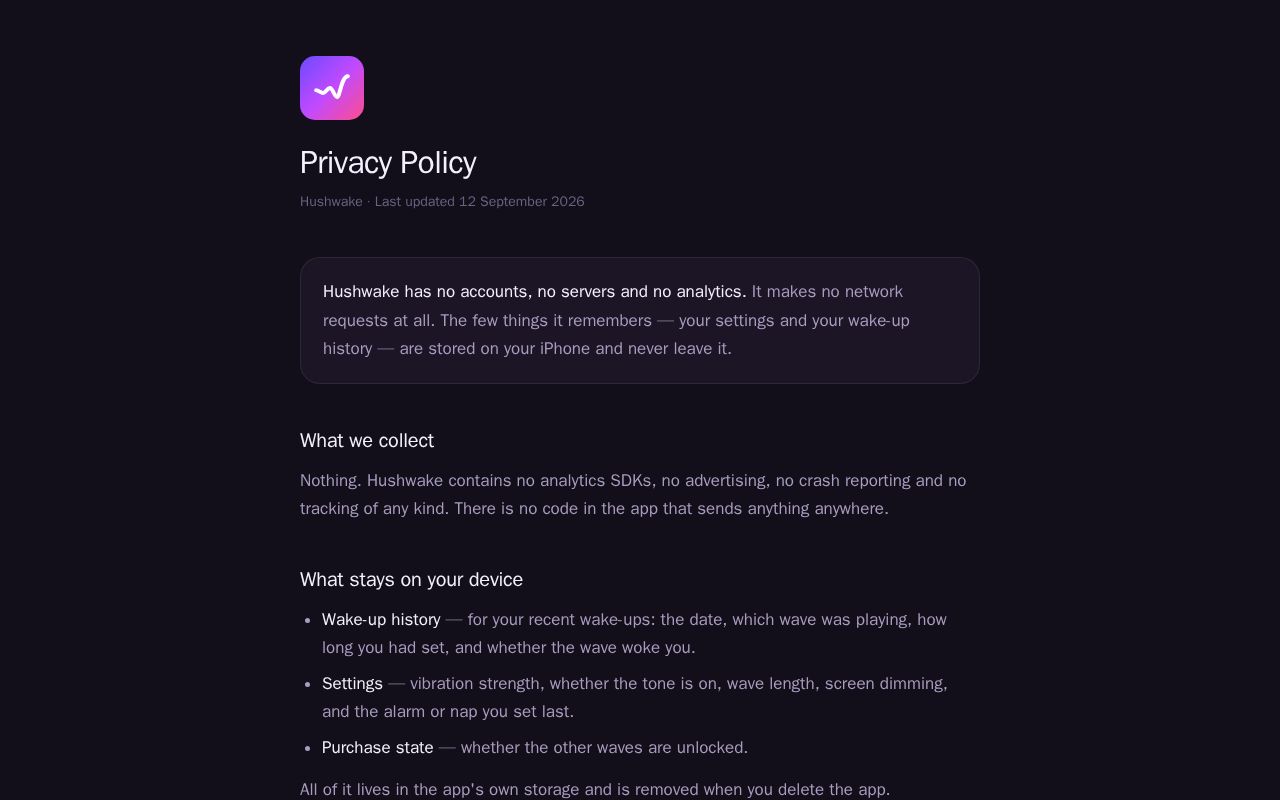 Preview of Privacy Policy, Terms of Use and Support pages for Hushwake