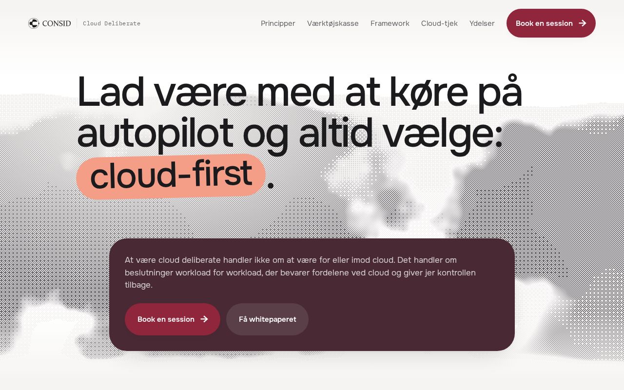 Preview of Cloud Deliberate — a Consid Denmark site. Sibling to directed-agentic-delivery.