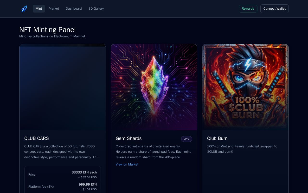 Preview of Electroneum NFT launchpad with Supabase-backed metadata and editable ERC-721 collections
