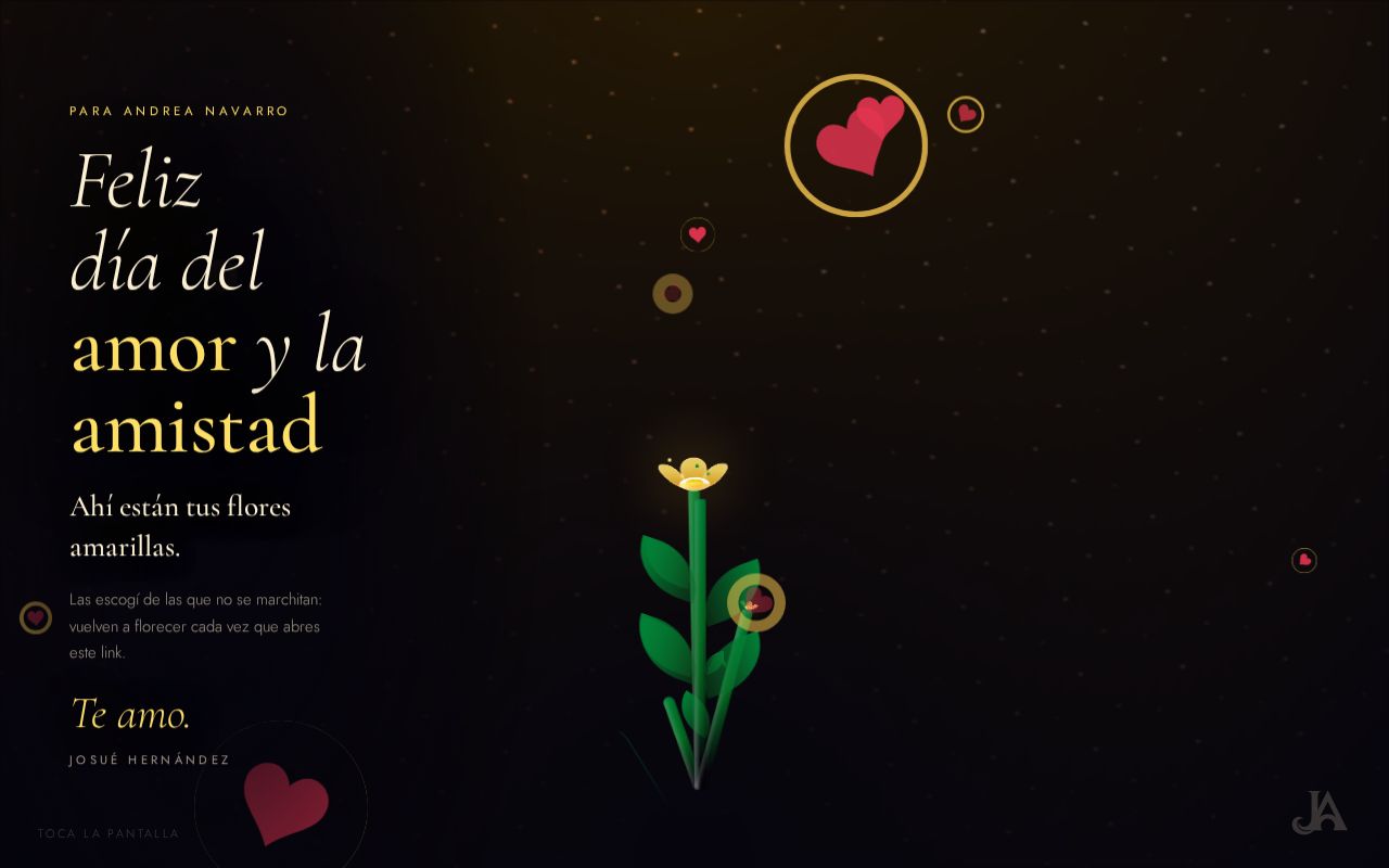 Preview of Un jardín nocturno de flores amarillas con un mensaje para el día del amor y la amistad