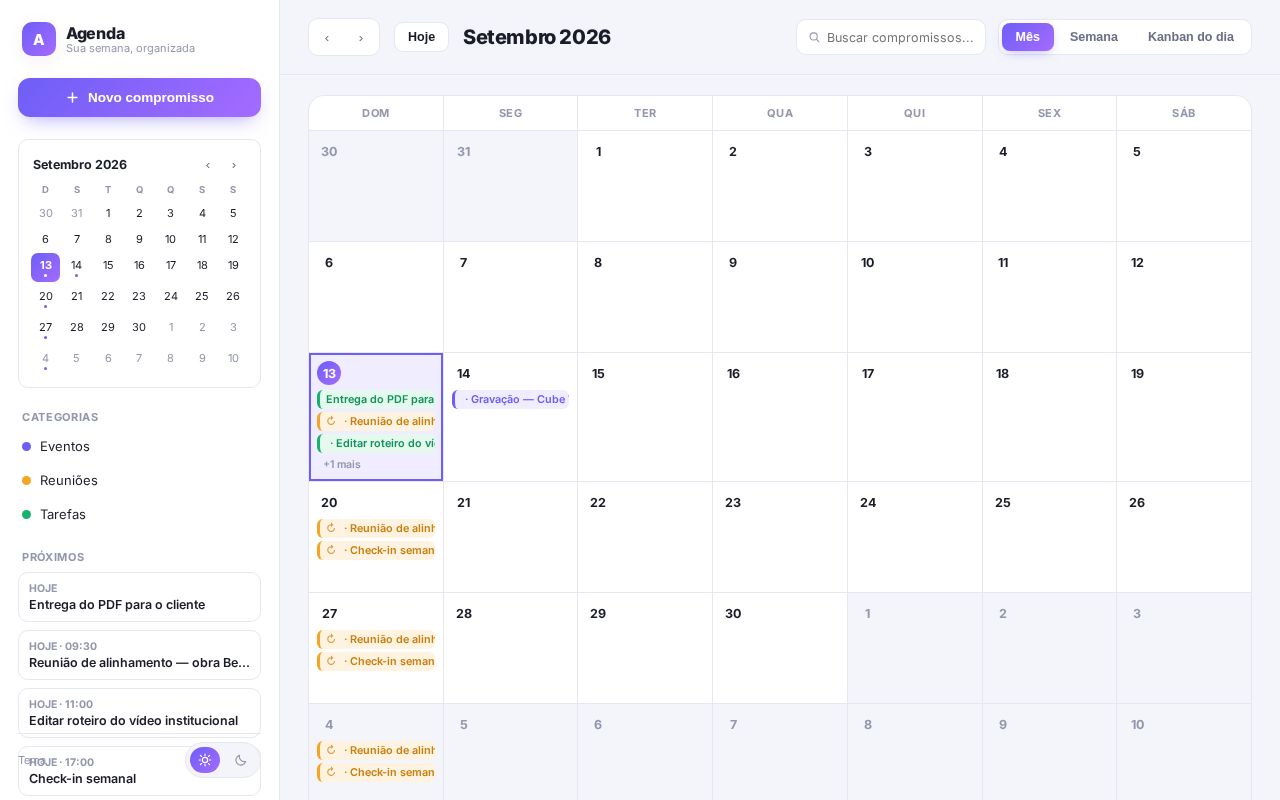 Preview of Agenda moderna com calendário mensal/semanal e kanban do dia — HTML/CSS/JS puro