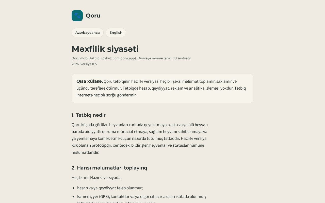 Preview of Qoru mobil tətbiqinin məxfilik siyasəti / Privacy policy