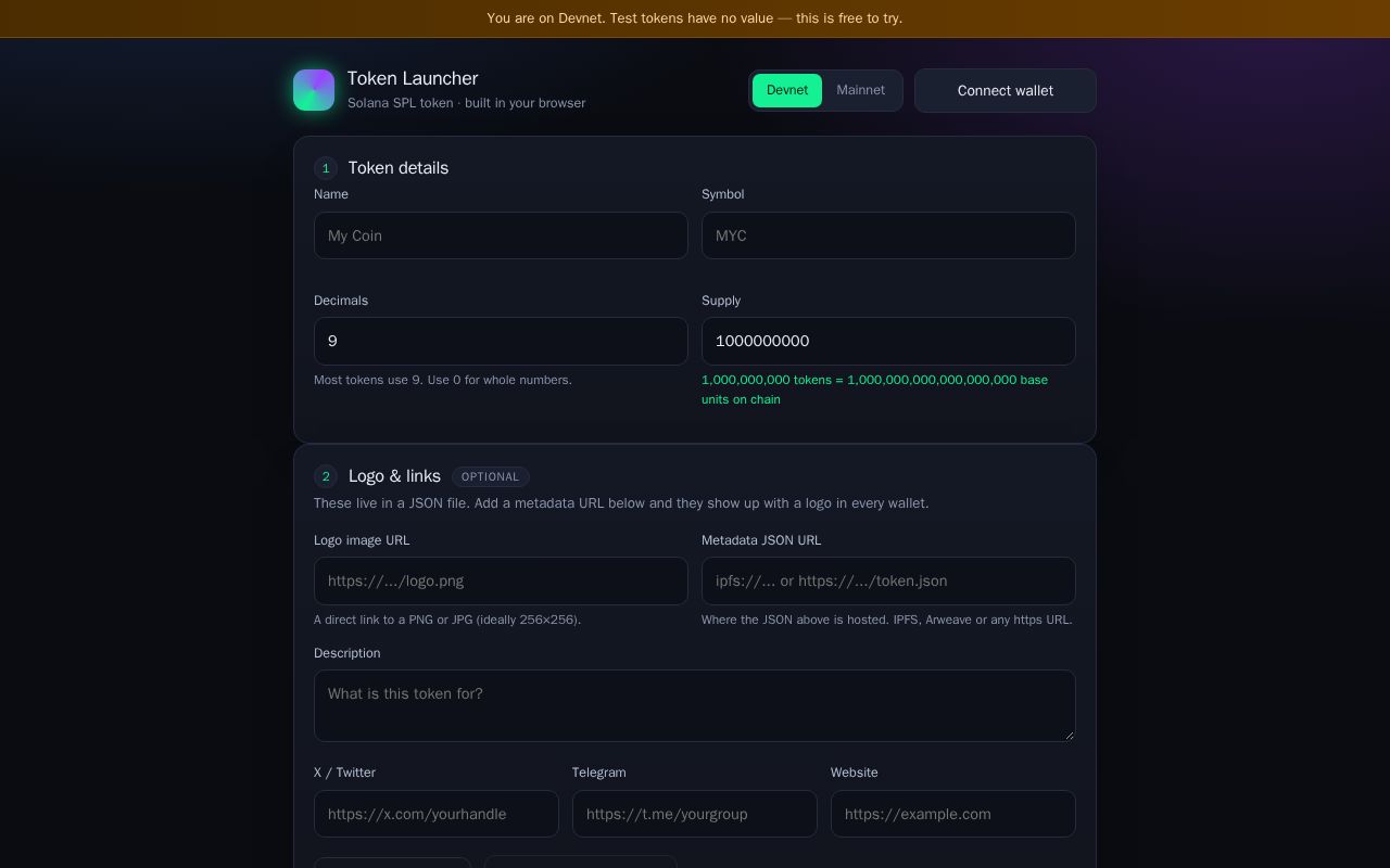 Preview of Solana Token Deployer