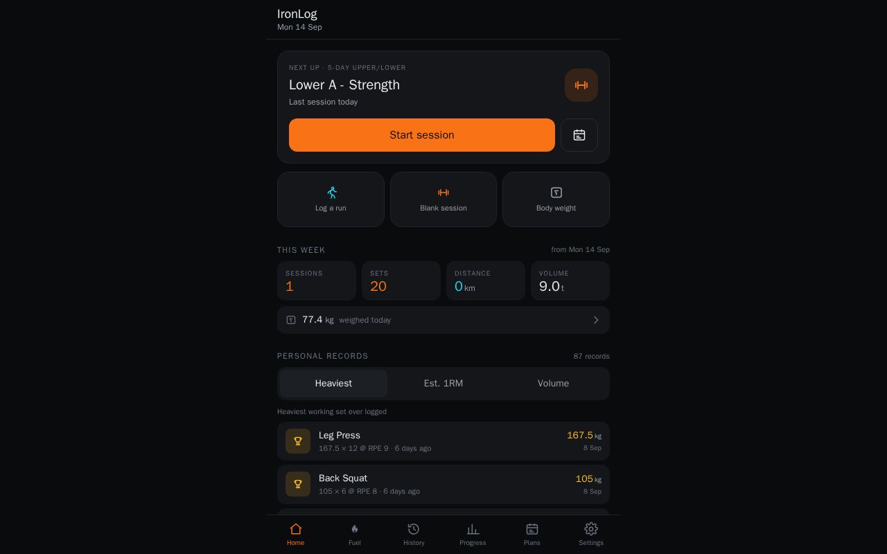 Preview of Offline-first gym and running tracker. React + Vite + Dexie PWA, all data local.