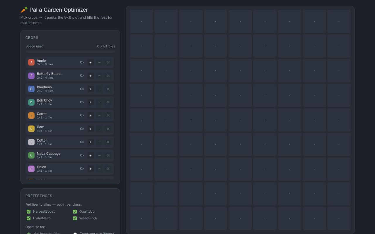 Preview of Uses hill-climb to optimize a Palia garden plot for production of coins/day or crops/day.