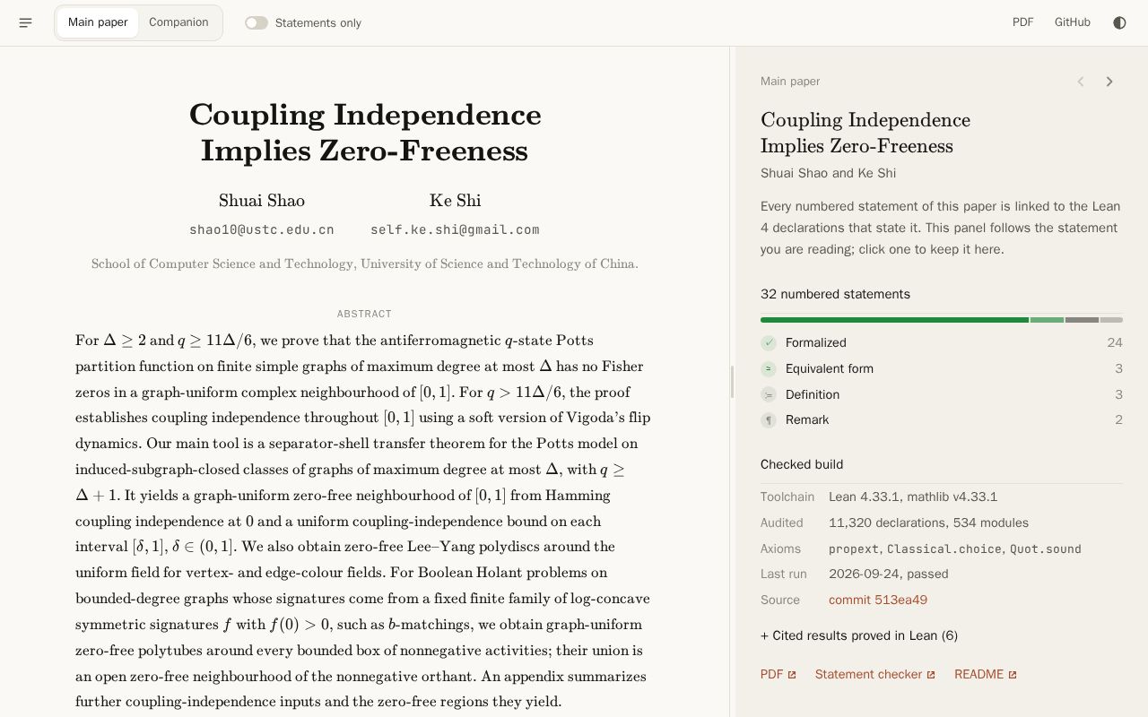 Preview of Coupling Independence Implies Zero Freeness
