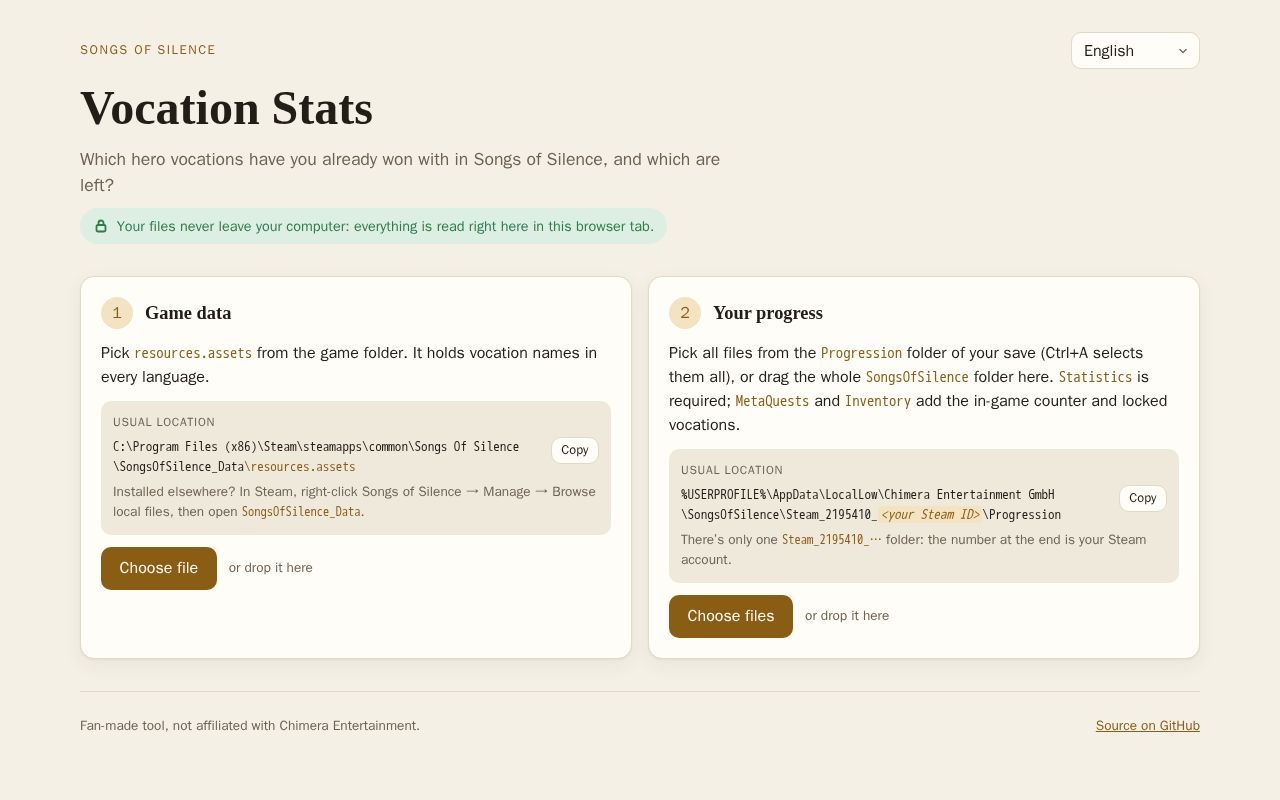 Preview of Songs Of Silence Vocations Stats