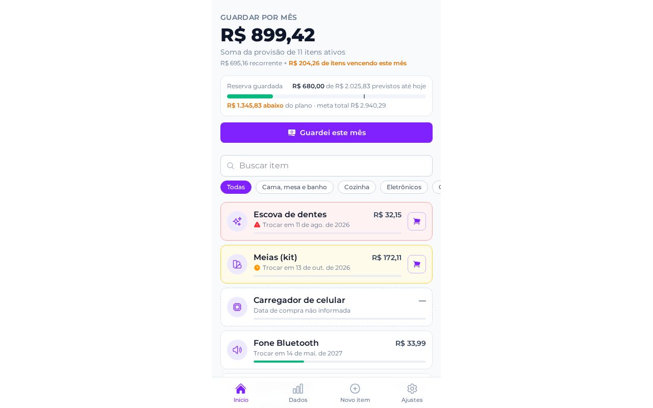 Preview of PWA para lembrar e planejar financeiramente a reposição de itens cotidianos