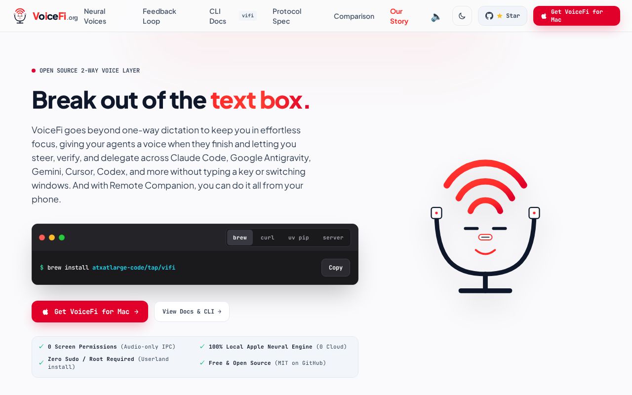 Preview of VoiceFi.org — Local. Fast. Universal. Agent Voice