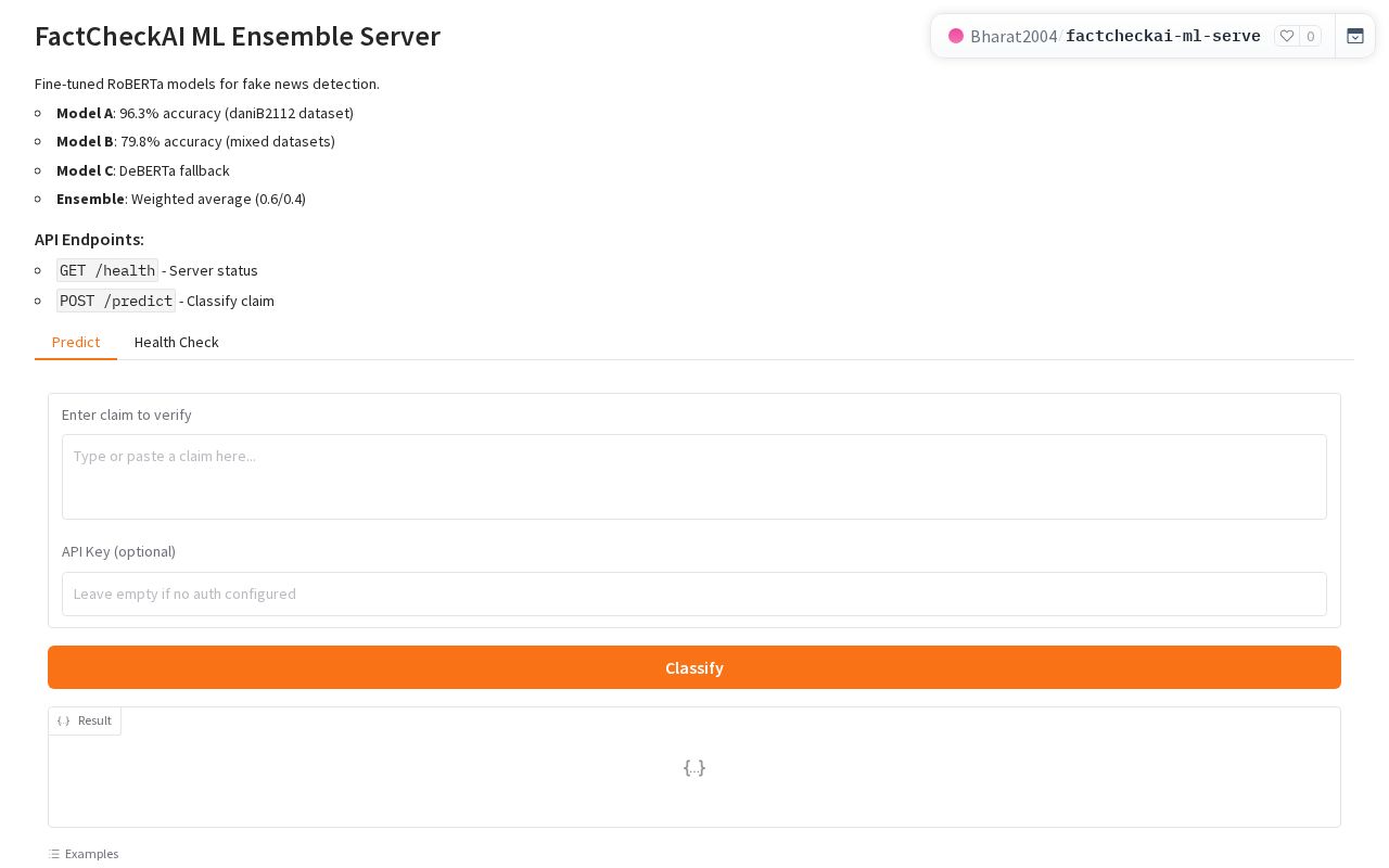 Preview of FactCheckAI ML Server