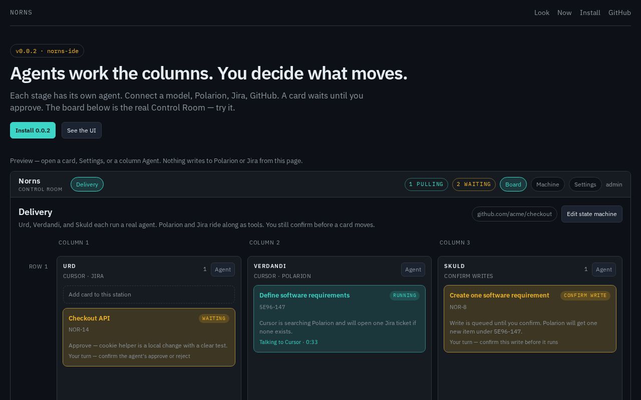 Preview of Agents work the columns. You decide what moves. Kanban orchestration with human gates.