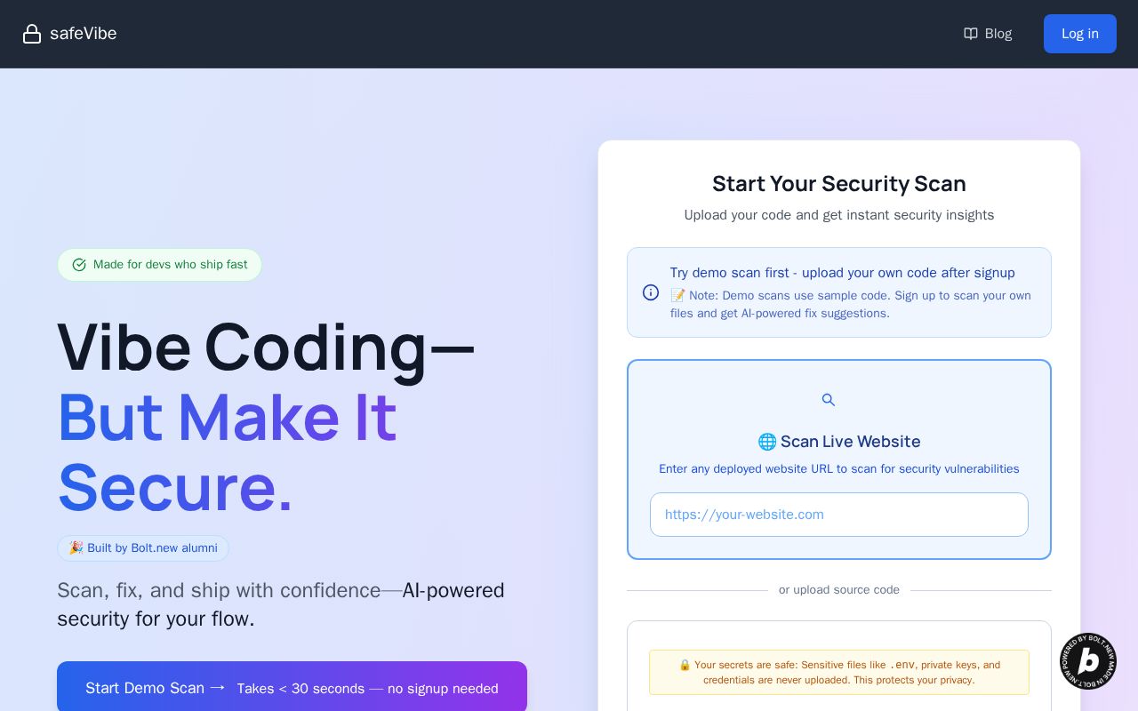 Preview of Vibe Coding Security, Handled – SafeVibe.dev
