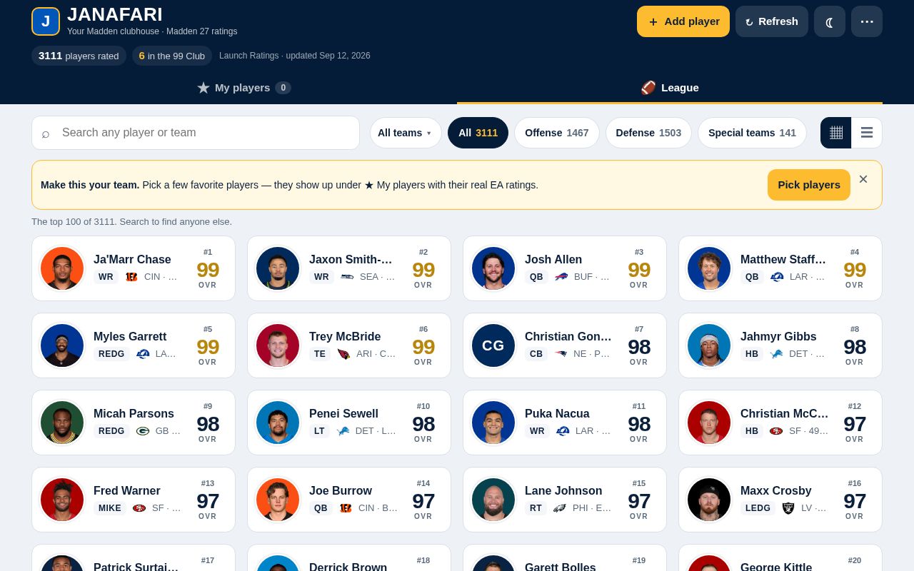 Preview of A mobile-friendly Madden NFL 27 weekly ratings tracker