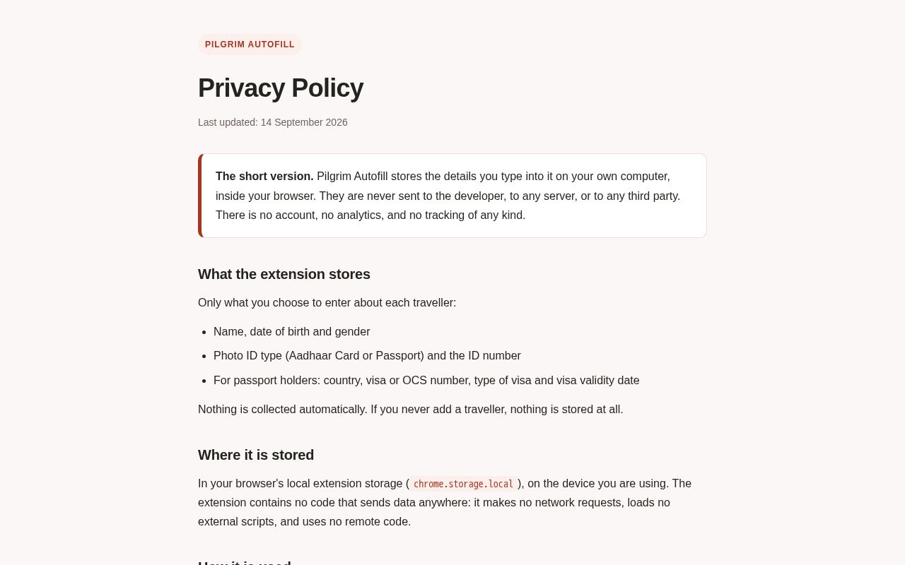 Preview of Privacy policy for the Pilgrim Autofill Chrome extension