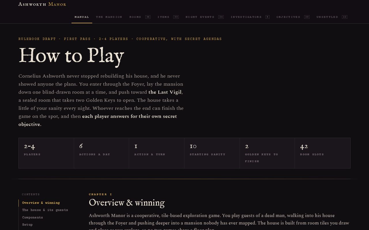 Preview of Playtest field manual for Ashworth Manor, a 2–4 player board game.