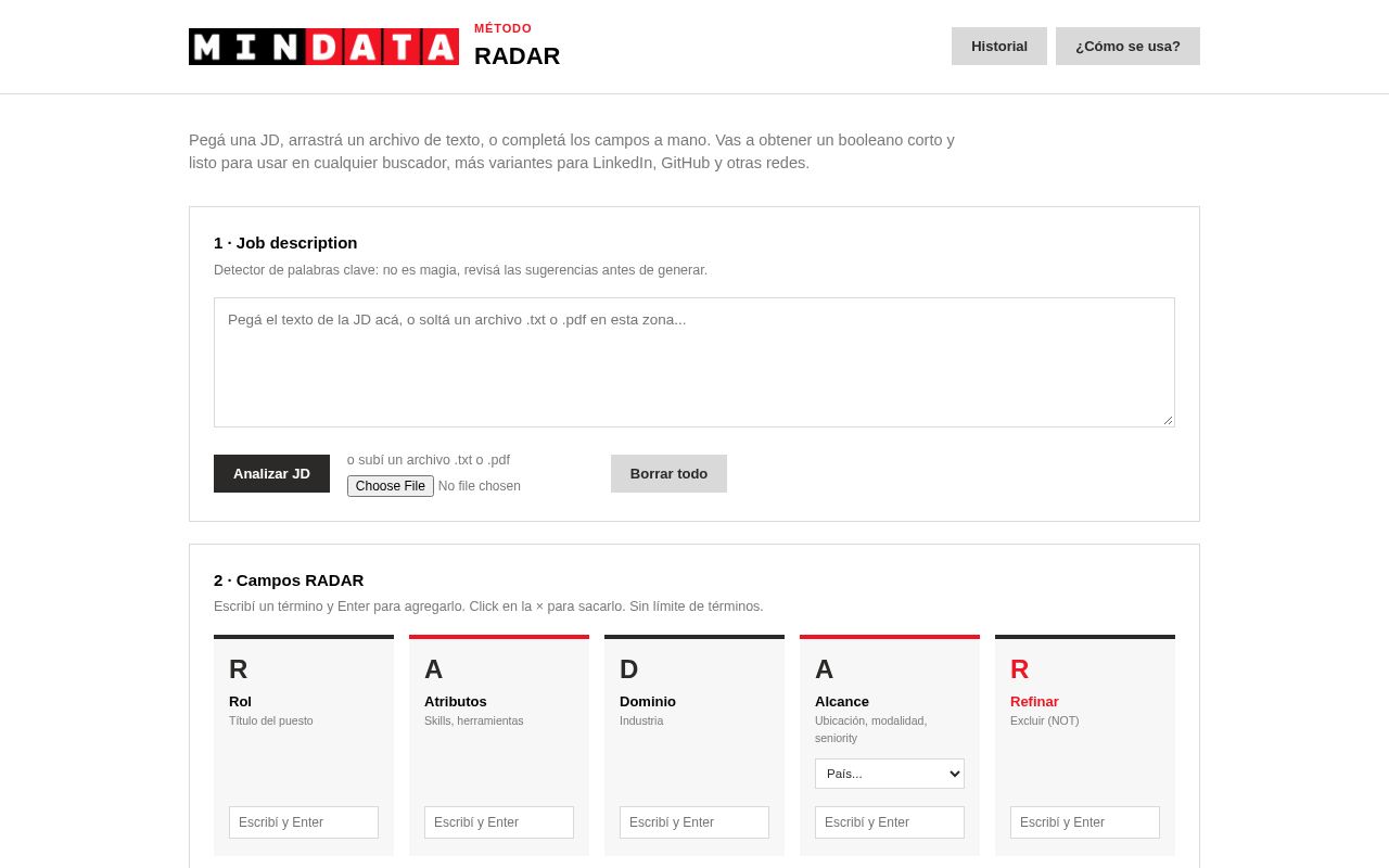 Preview of RADAR: generador de booleanos de sourcing (metodo Mindata)