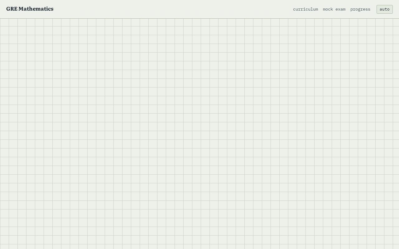 Preview of GRE Mathematics study site: lessons, drills, tests, mock exam. Static, no backend.