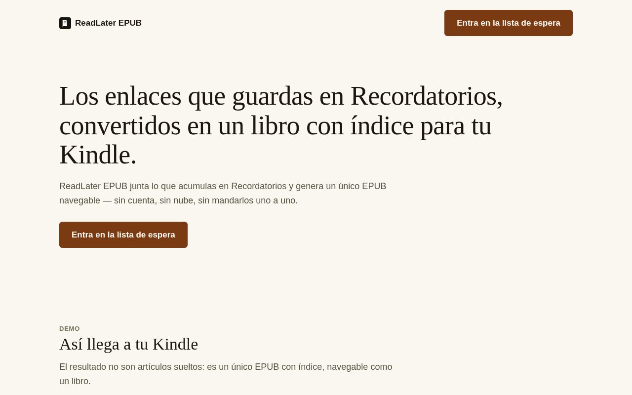 Preview of Readlater Epub Landing