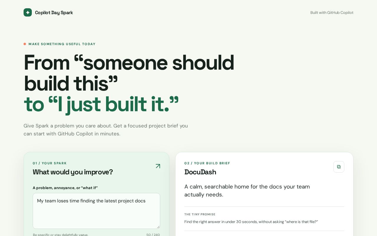 Preview of A tiny project idea generator built with GitHub Copilot