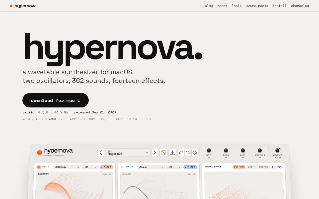 Preview of Hypernova, a wavetable synthesizer for macOS