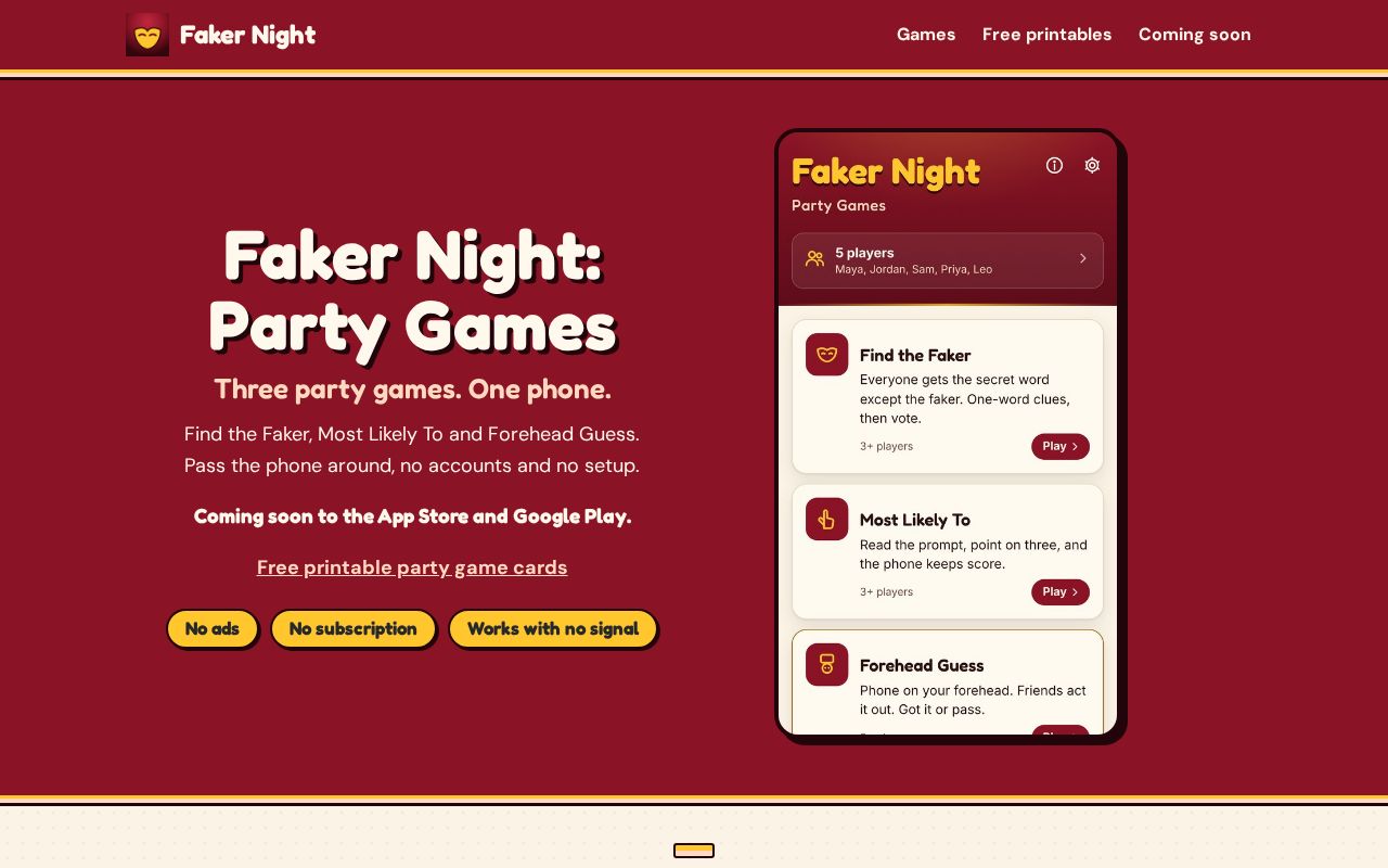 Preview of Faker Night: Party Games, three pass-the-phone games in one app