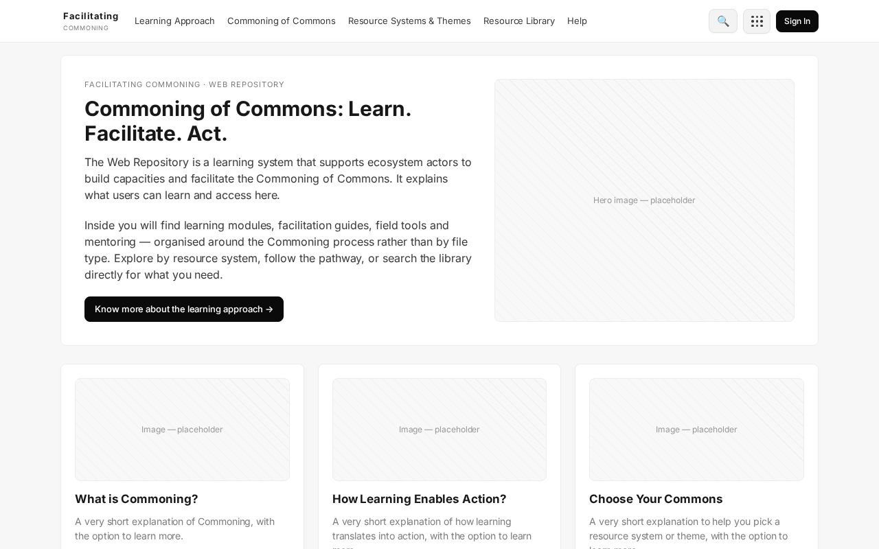 Preview of Facilitating Commoning — Web Repository low-fidelity wireframe prototype