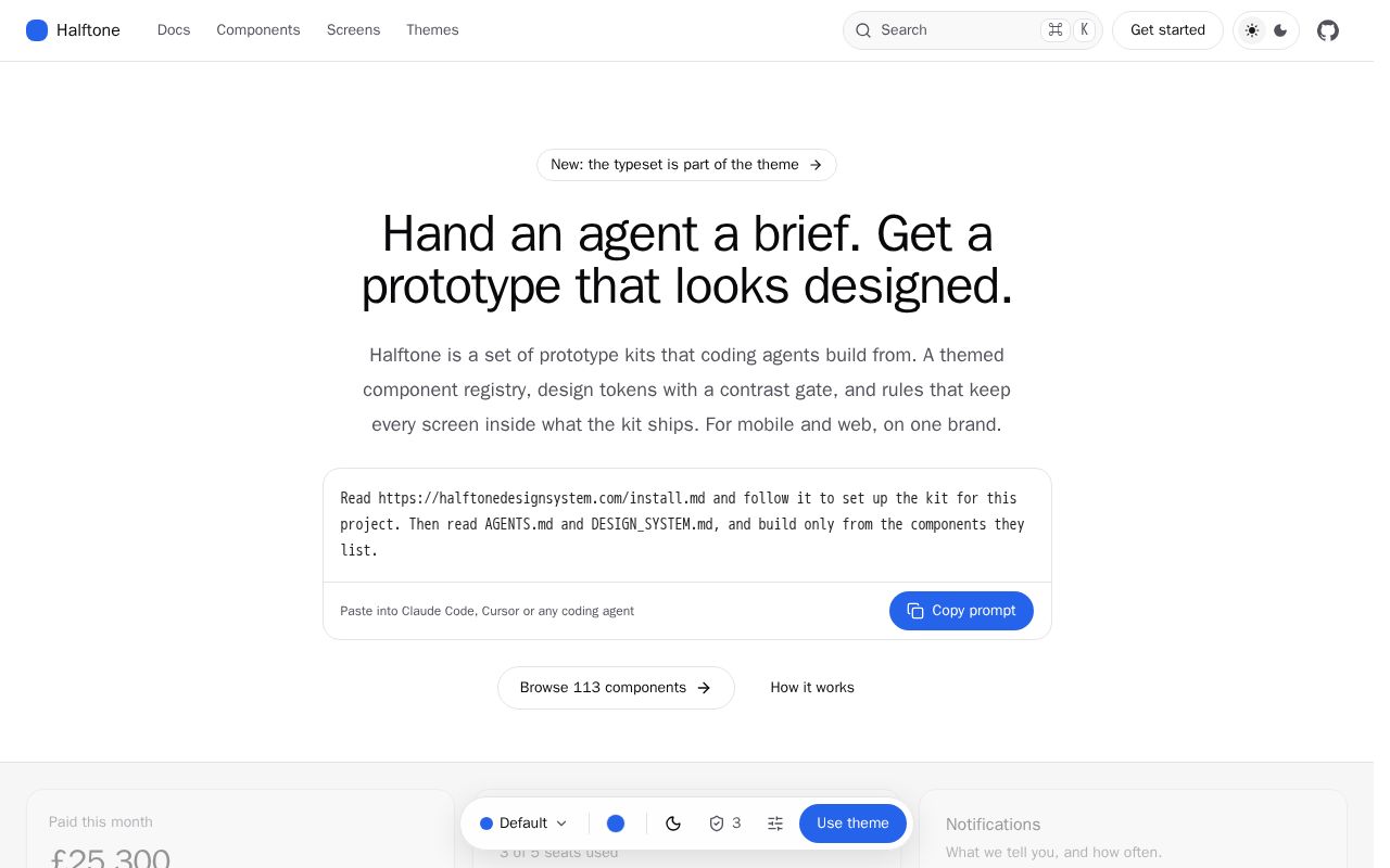 Preview of Halftone Design System: prototype kits coding agents build from
