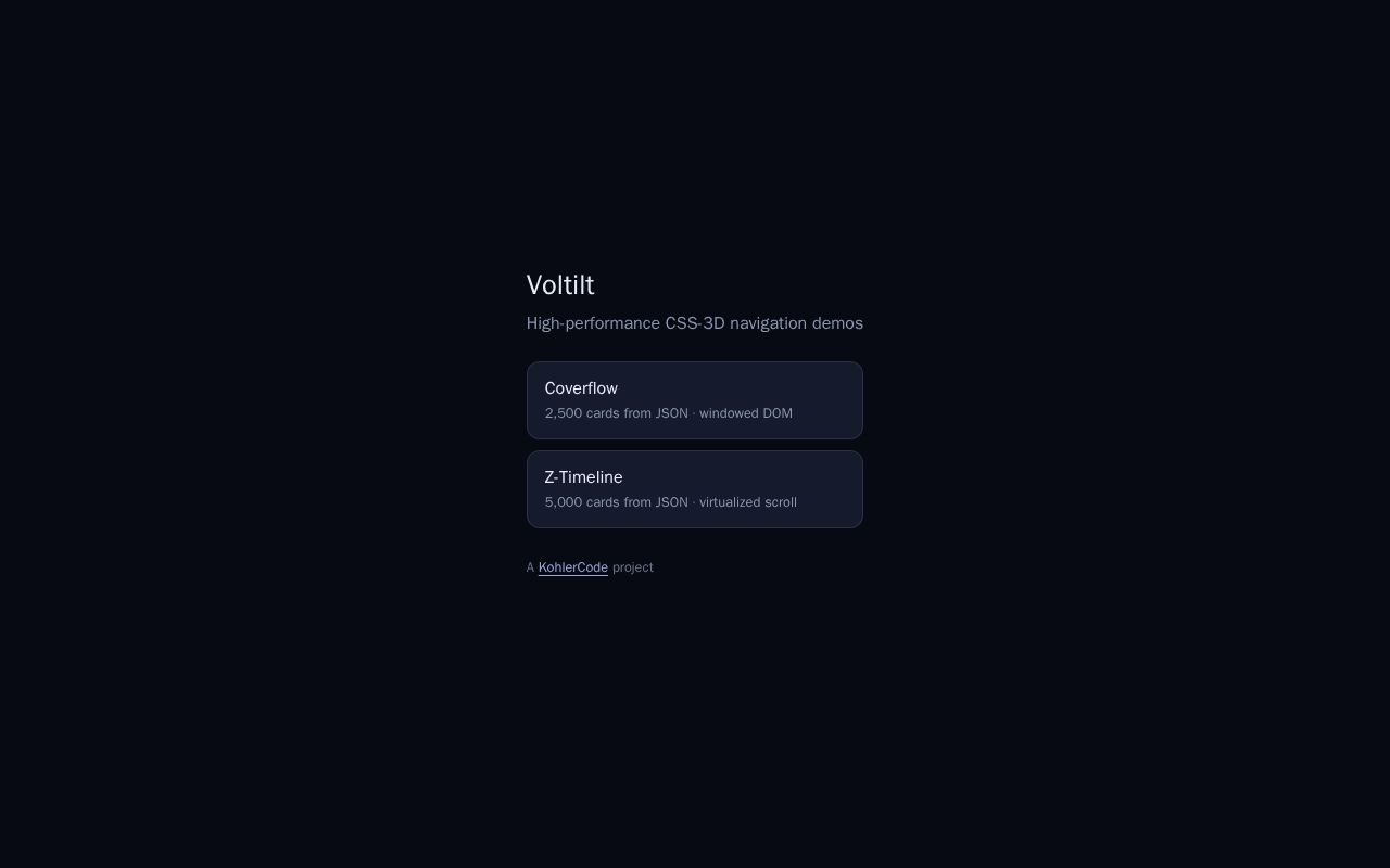Preview of Voltilt: CSS-3D Coverflow and Z-Timeline for Vanilla JS