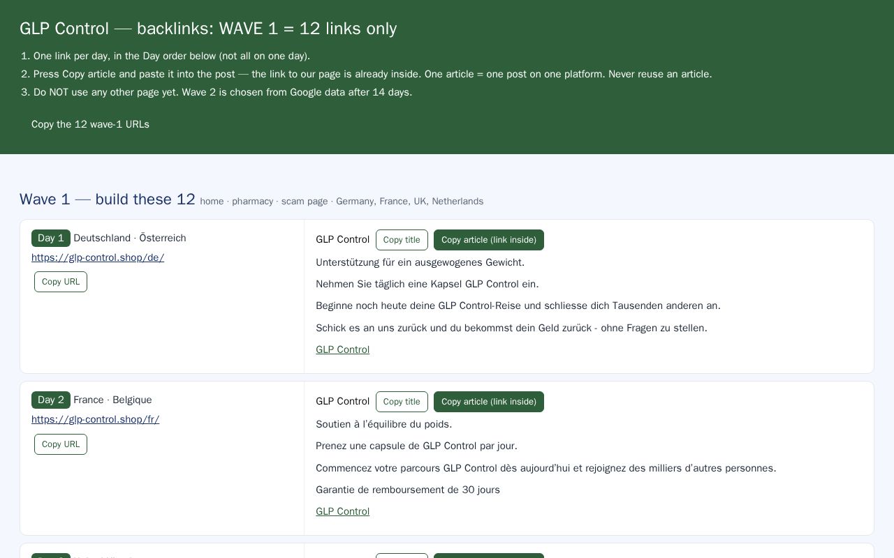 Preview of GLP Control - page links and backlink articles for the VA