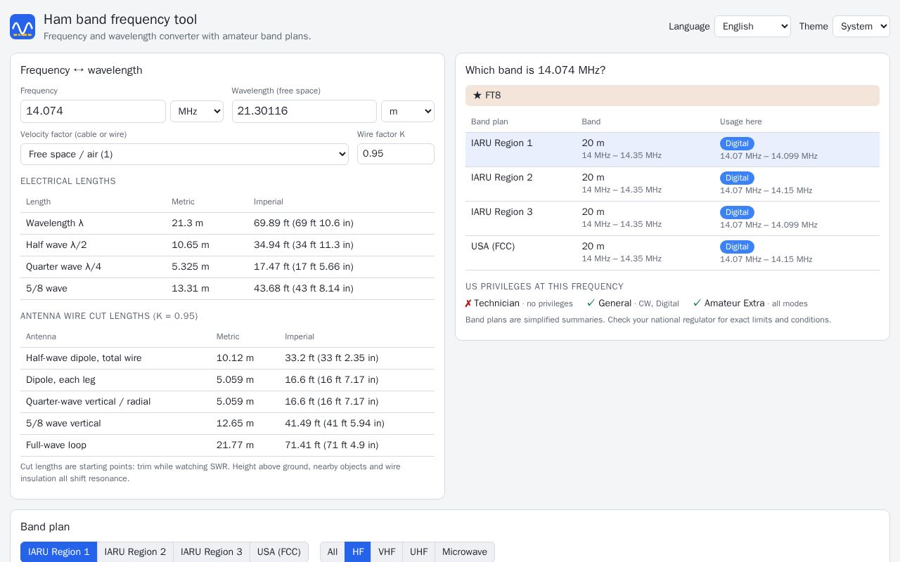 Preview of Ham Band Frequency Tool