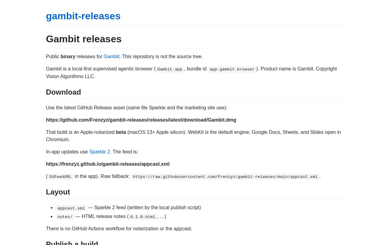 Preview of Gambit macOS binary releases and Sparkle 2 appcast. Source stays in Frenzyz/Gambit.