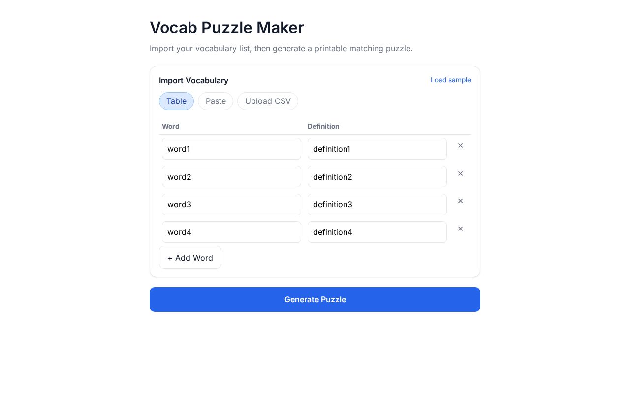 Preview of Turn vocabulary lists into printable matching puzzles
