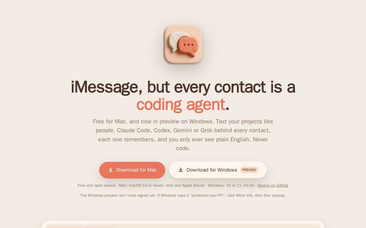 Preview of cChat: iMessage, but every contact is a coding agent