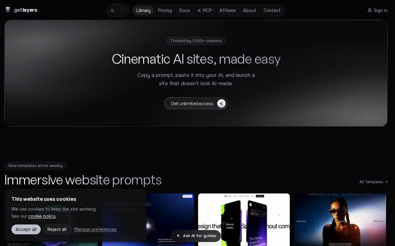 Preview of GetLayers AI — Cinematic AI sites, made easy