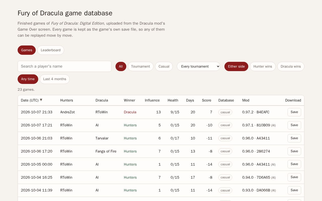 Preview of Fury of Dracula game database