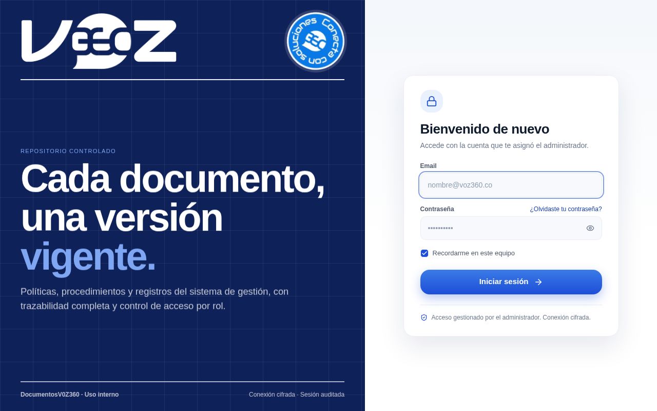 Preview of pagina interna de gestión de documentos voz360