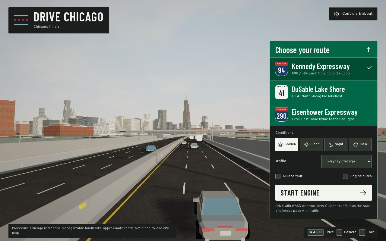 Preview of A single-file Chicago highway driving game with traffic, weather, and mobile controls.