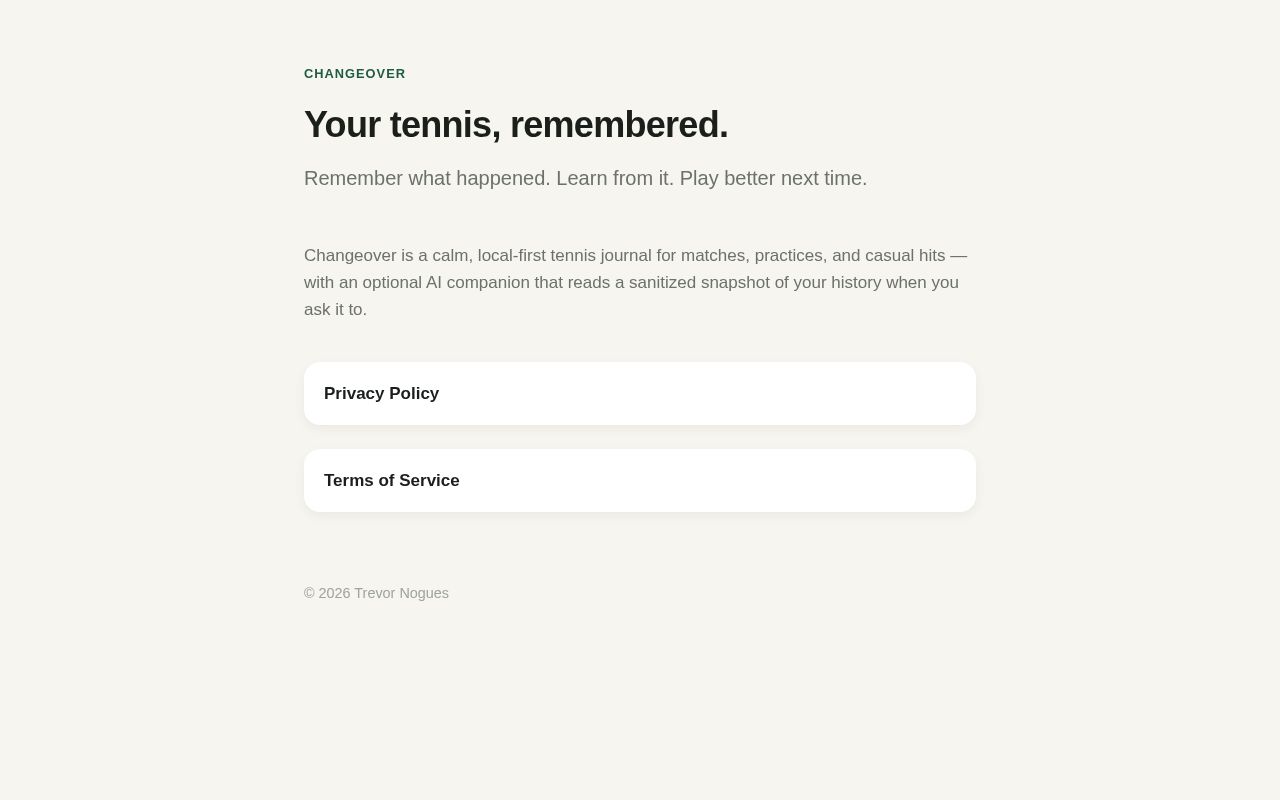 Preview of Landing page, privacy policy, and terms for the Changeover app (GitHub Pages)