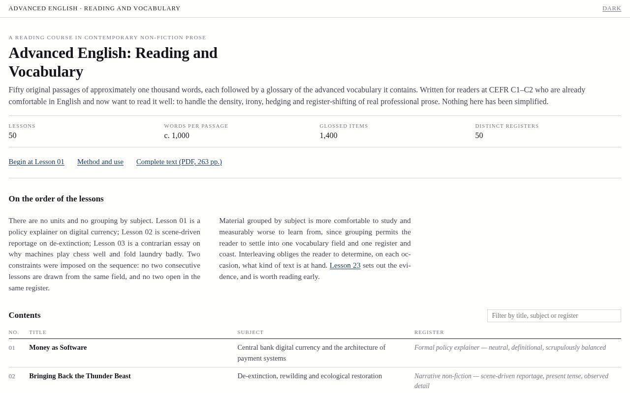 Preview of A 50-lesson advanced English reading and vocabulary course (CEFR C1-C2).