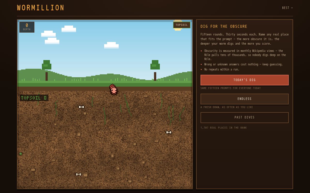 Preview of Endless geography digging game: the more obscure your answer, the deeper you dig.