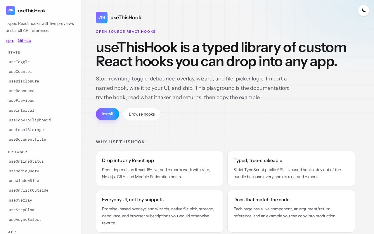 Preview of A typed library of custom React hooks you can drop into any app.
