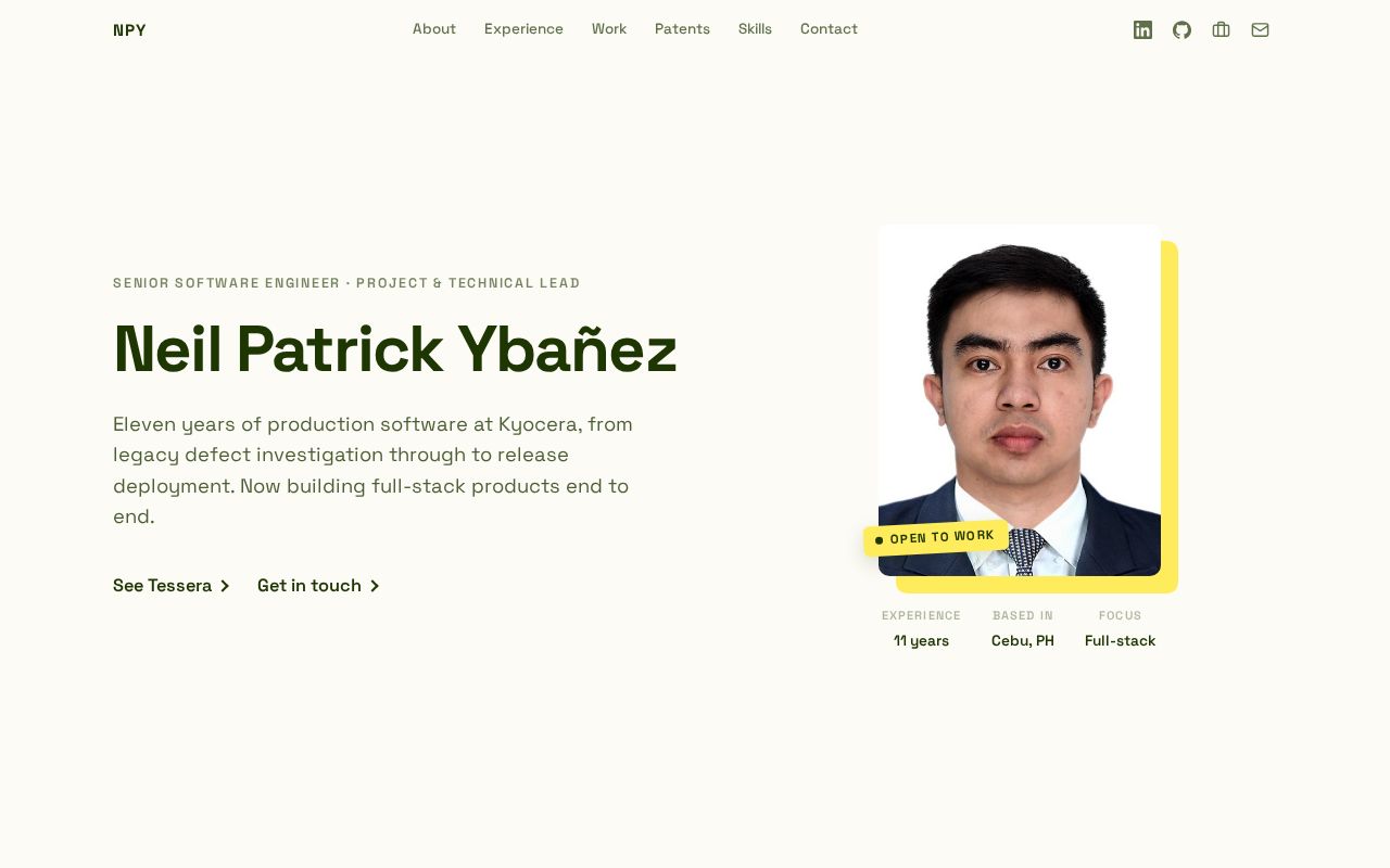 Preview of Personal portfolio site for Neil Patrick Ybanez. Static HTML/CSS/JS, no build step.