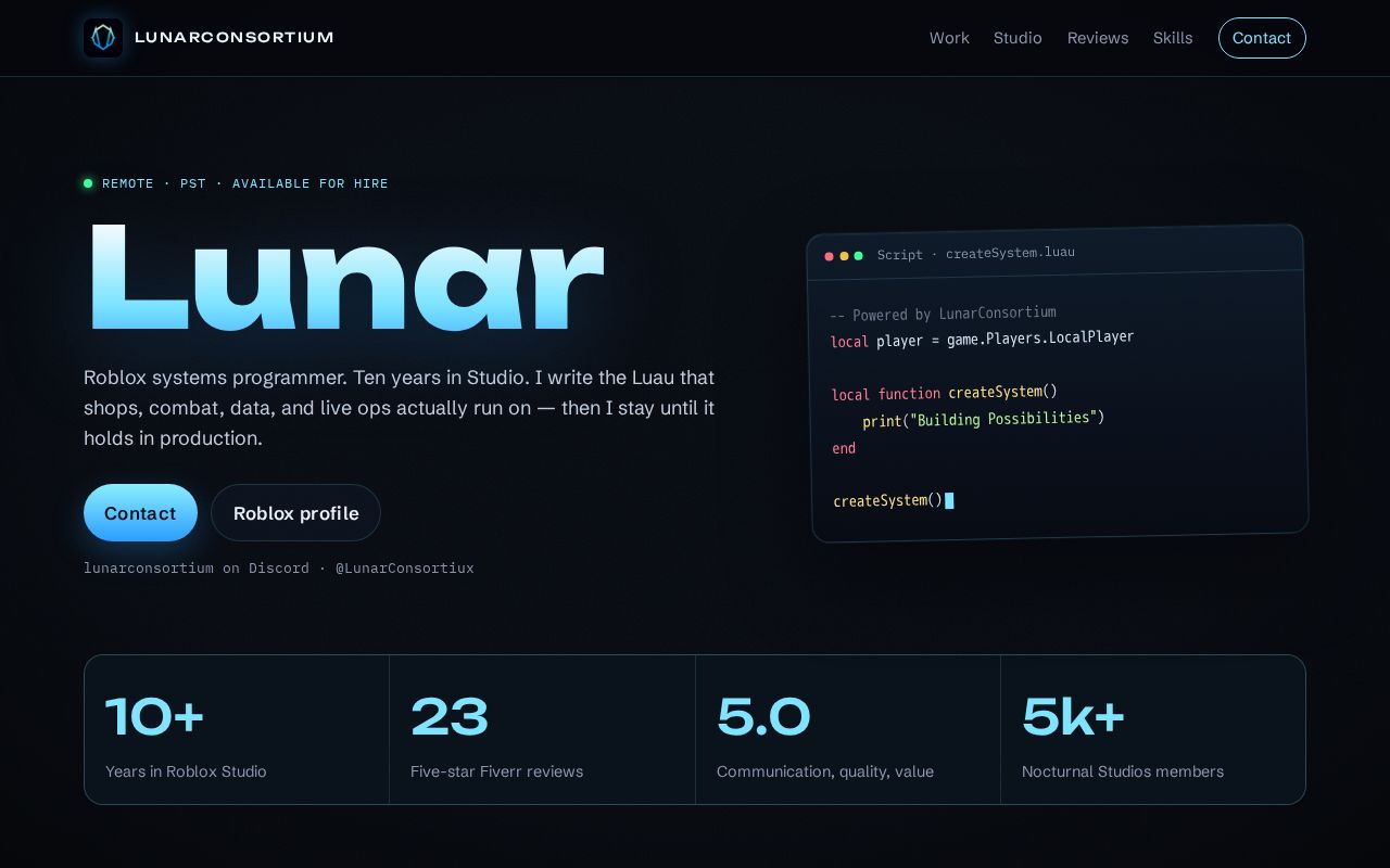 Preview of Roblox scripting portfolio for Jordan Curran (Lunar)