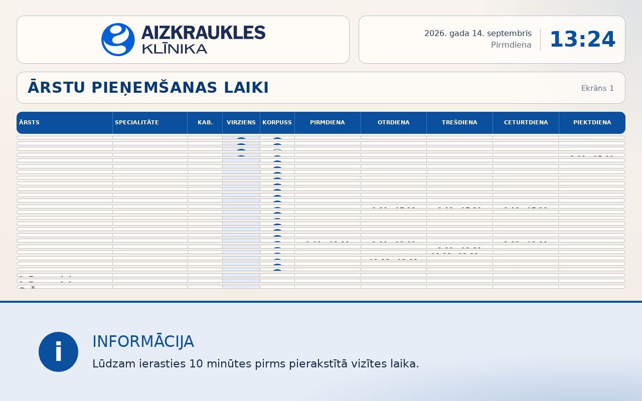 Preview of Aizkraukles klīnikas digital signage timetable