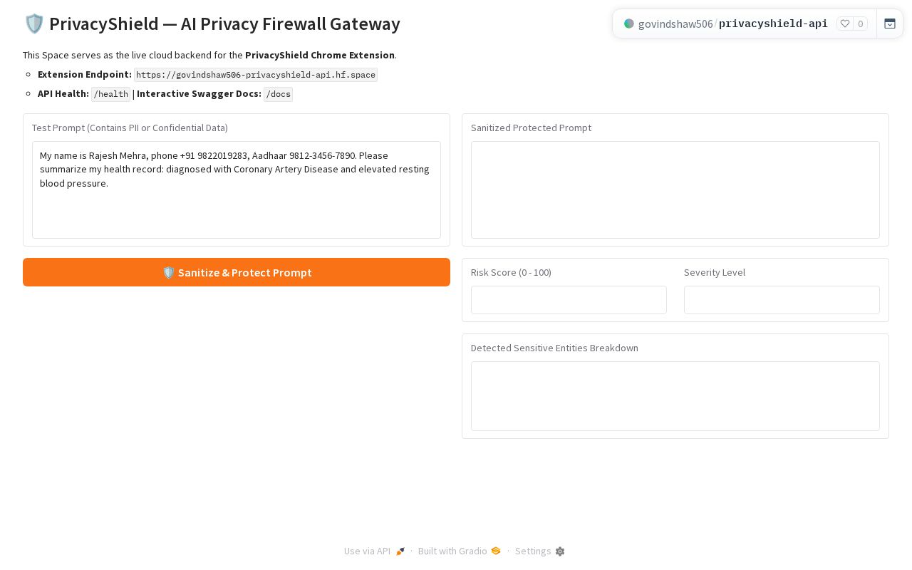 Preview of PrivacyShield AI Privacy Firewall