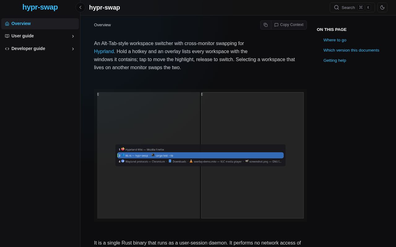 Preview of An Alt-Tab-style workspace switcher with cross-monitor swapping for Hyprland