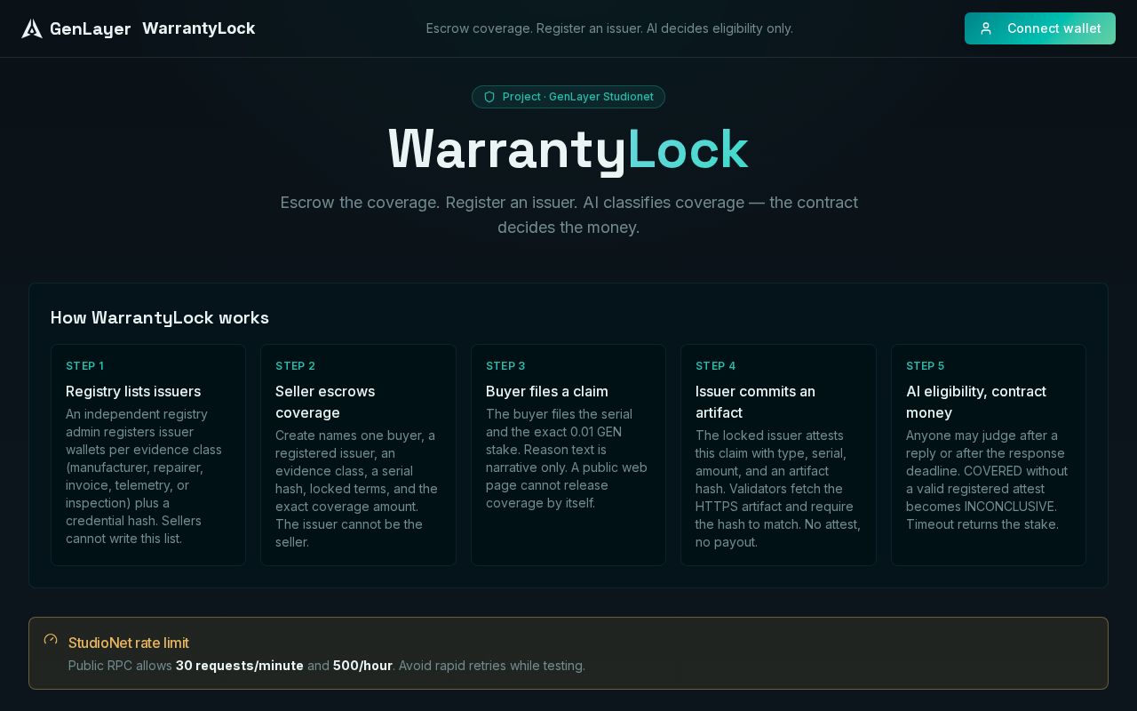 Preview of Escrowed product warranties on GenLayer