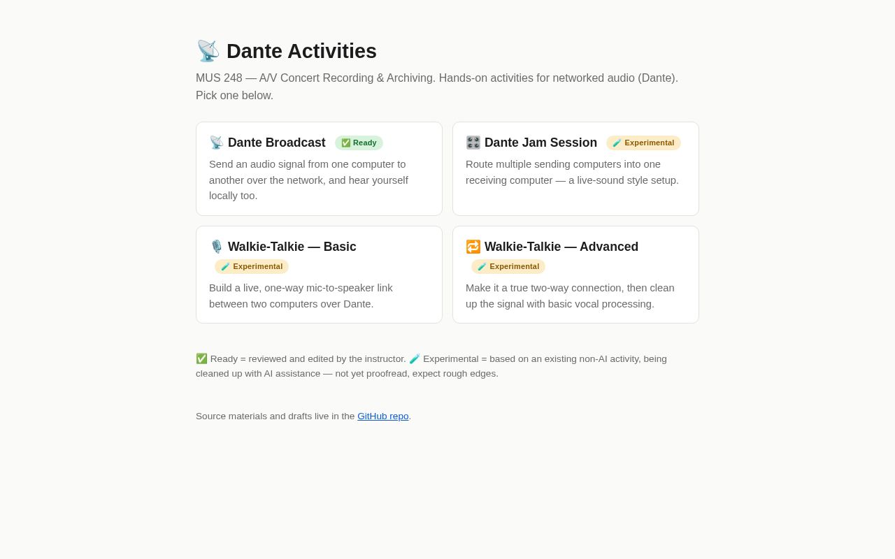 Preview of MUS 248 — Dante hands-on activities