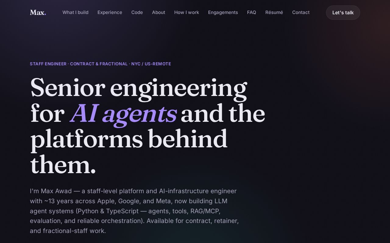 Preview of Max Awad — staff engineer, contract & fractional engagements