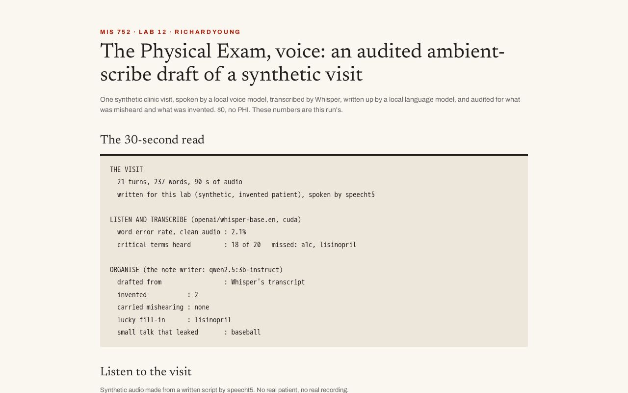 Preview of The Physical Exam, voice: an audited ambient-scribe draft of a synthetic visit